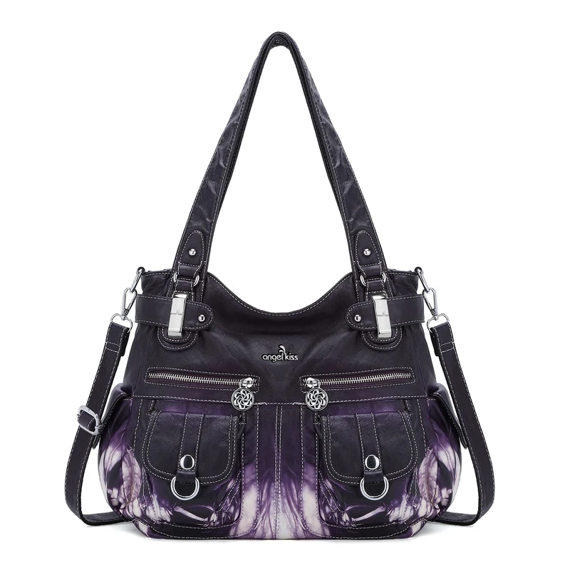 Purses and Handbags Women Tote Shoulder Top Handle Satchel Hobo Bags Fashion Washed Leather Purse, 2-tie-dyed Purple, 14" W X 12" H X 5" D