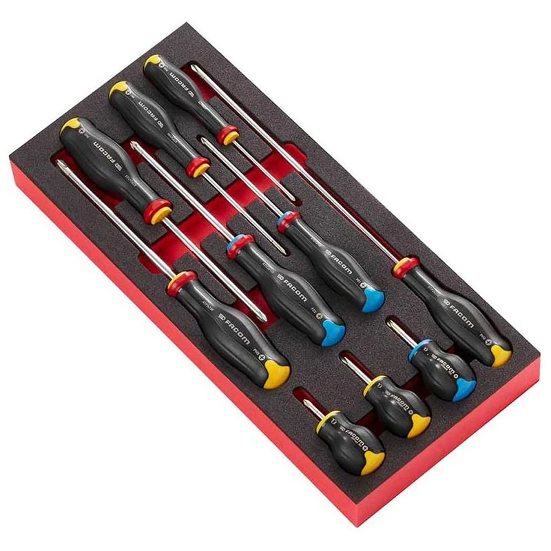 FACOM - Set of 10 Protwist Cross Screwdriver in Foam Tray – MODM.AT5 – High-Density Two-Tone Foam Handle for Comfort and Safety – Laser Marking – Long Life Time