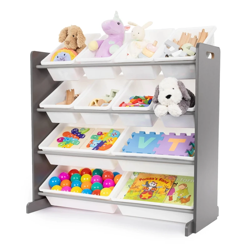 LIVIVO 4 Tier Kids Toy Storage Unit - Children Storage Unit for Books and Toy Organiser with 12 Plastic Boxes Drawers Tubs - Kids Storage Units for Nursery, Playroom, Kindergarten - Grey-White
