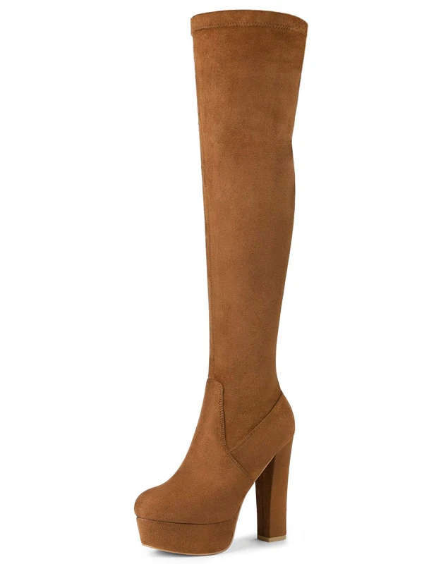 Allegra K Women's Platform Block Heel Over Knee High Boots Brown 7 UK/Label Size 9 US