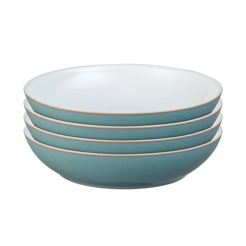 Denby - Azure Blue Pasta Bowls Set of 4 - Dishwasher Microwave Safe Crockery Large 1050ml Capacity, 22cm - Sea Blue, White Ceramic Stoneware Tableware - Chip & Crack Resistant
