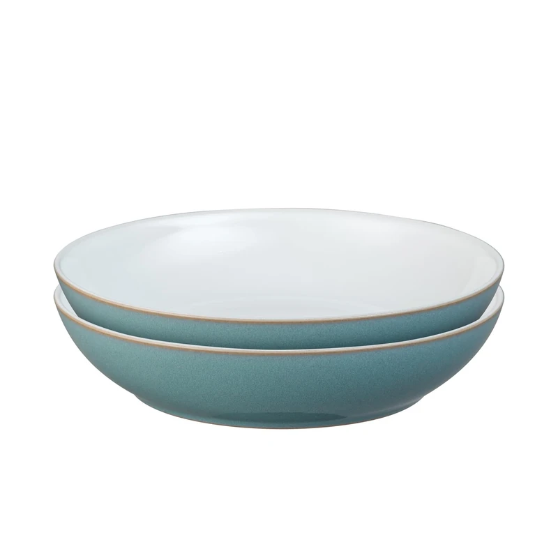 Denby - Azure Blue Pasta Bowls Set of 2 - Dishwasher Microwave Safe Crockery 1050ml 22cm - Sea Blue, White Ceramic Stoneware Tableware - Chip & Crack Resistant