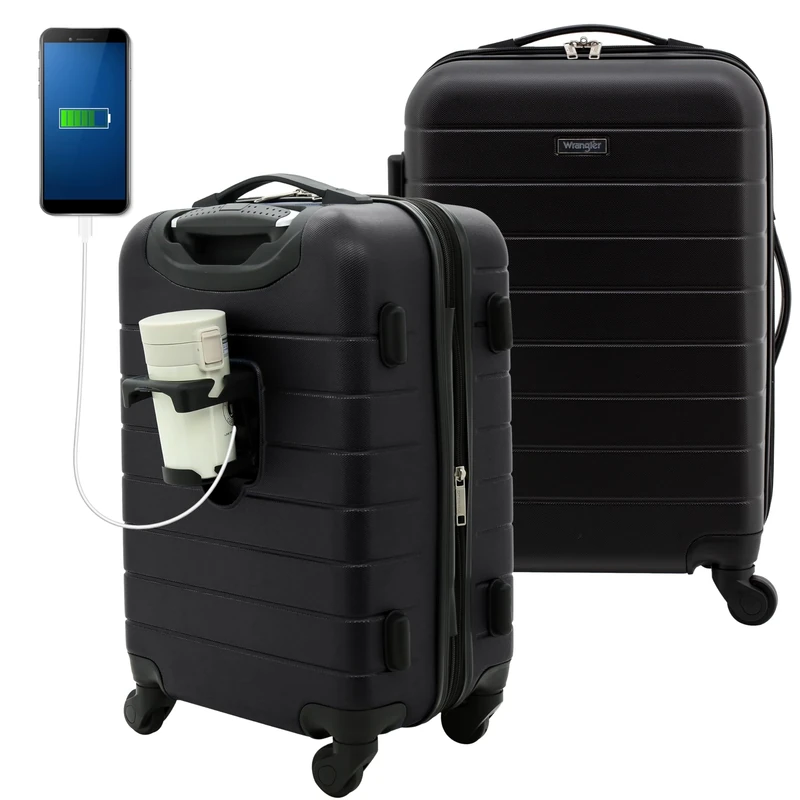 Wrangler Smart Luggage Set with Cup Holder and USB Port, Black, 20-Inch Carry-On