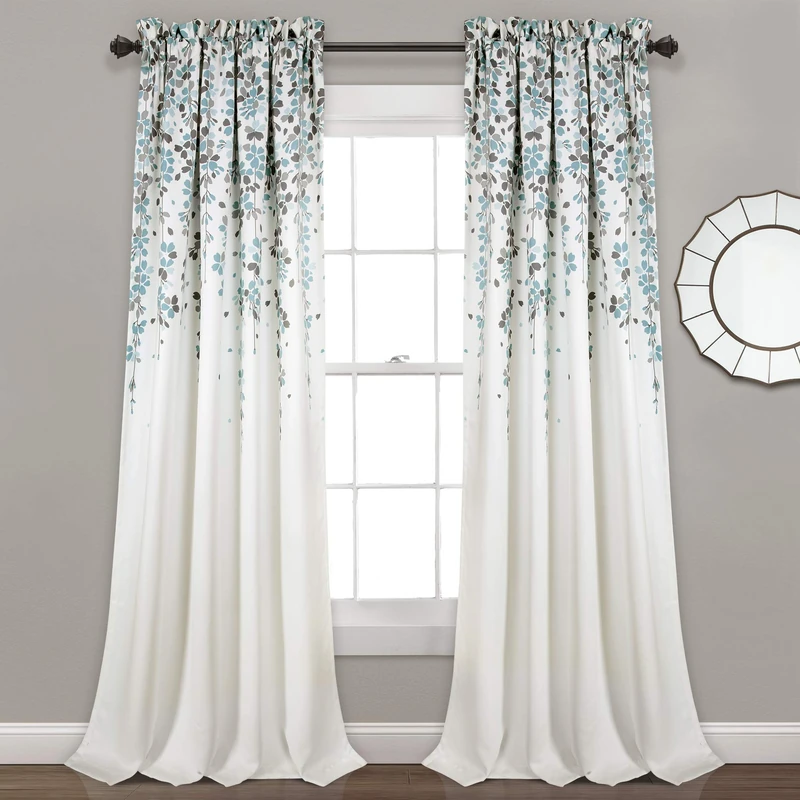 Lush Decor Weeping Flower Light Filtering Window Curtain Panels, Pair, 52" W x 84" L + 2" Header, Blue & Gray - Charming Modern Floral Curtains for Living Room, Dining Room, & Bedroom