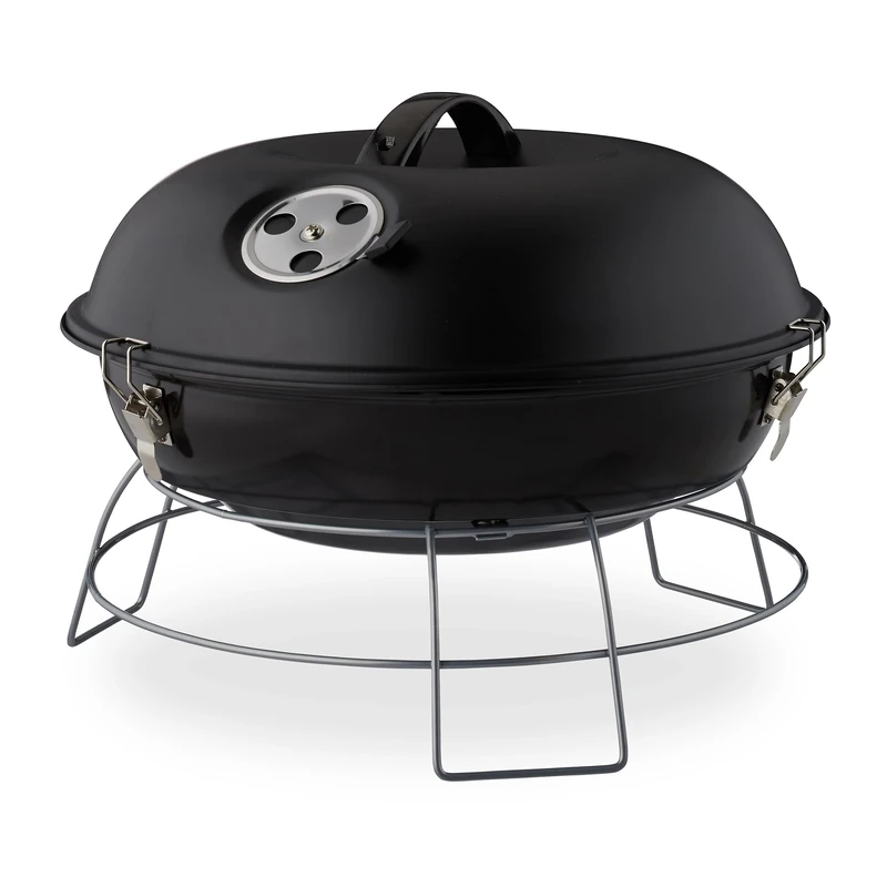Relaxdays Portable Kettle Grill, With Lid, Picnic BBQ with Large Cooking Area, Charcoal, Ø36cm, Black