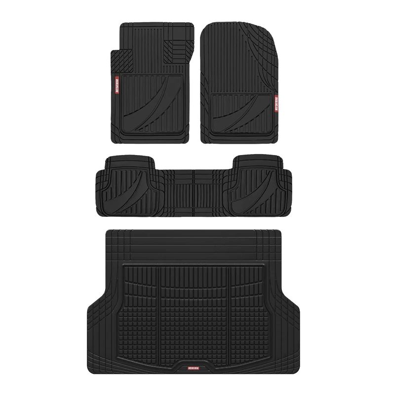 Motor Trend FlexTough Advanced Black Rubber Car Floor Mats with Cargo Liner Full Set - Front & Rear Combo Trim to Fit Floor Mats for Cars Van SUV, All Weather Automotive Floor Liners