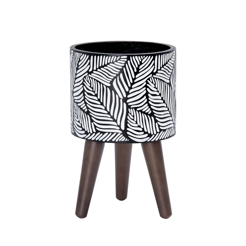 D'vine Dev 8 Inch Planter Pot with Wood Stand, White/Grey, 88-L-A-7