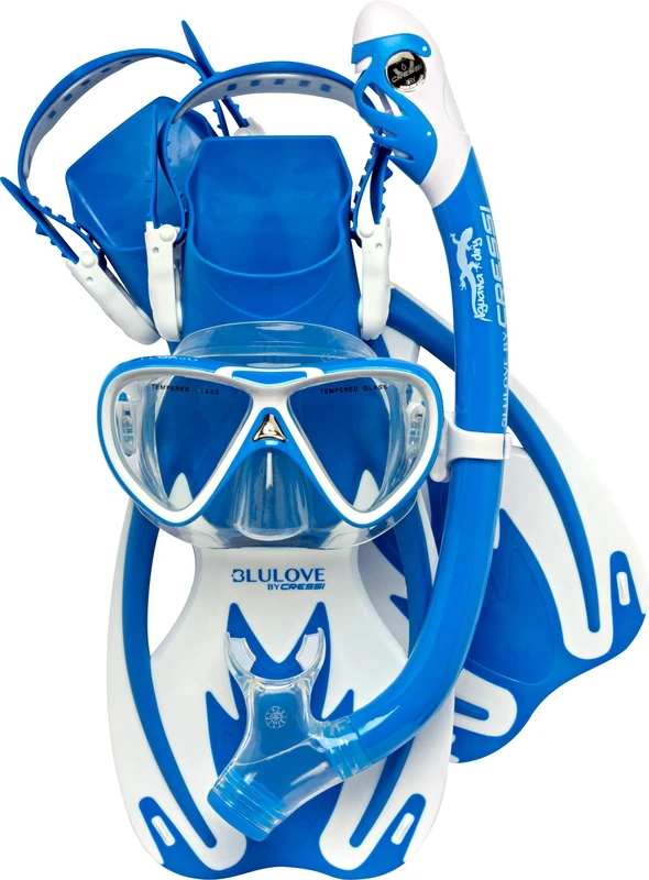Cressi Unisex-Youth Rocks Pro Dry Children Mask Fins Snorkel Set, Blue/White, M/L-2/4 Y,SE262032