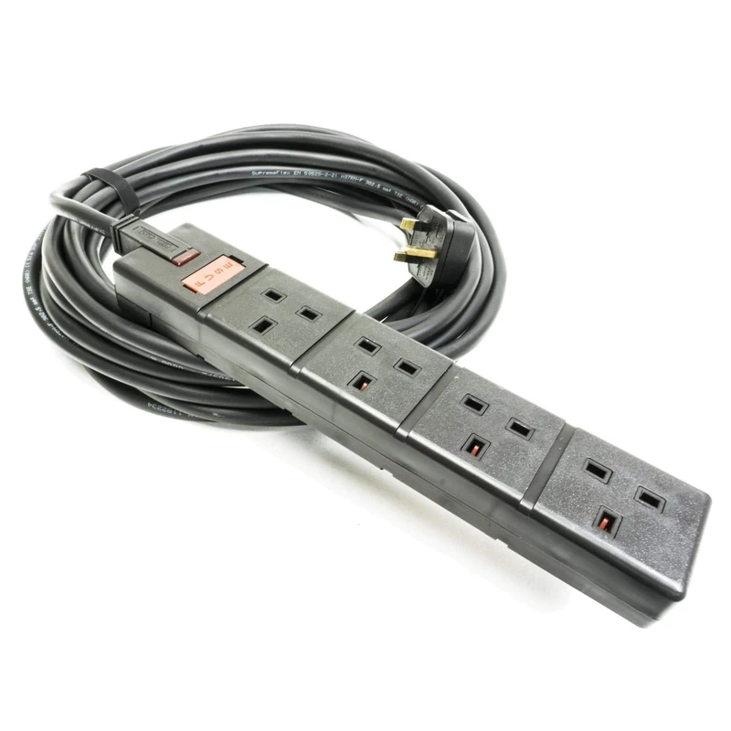 15m TOUGH H07RN-F Rubber Mains cable. Uk Plug to 4 Gang Socket, Black. Permaplug. 13amp