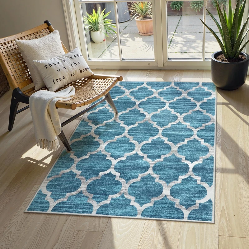 Lahome Moroccan Area Rug -3’ X 5’ Faux Wool Non-Slip Washable Area Rug Accent Distressed Throw Rugs Floor Carpet for Living Room Bedrooms Laundry Room Decor (3’ X 5’, Blue)