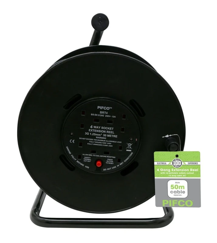 Daewoo 4-Way Extension Reel - 50m Cable, Safety Cutout, Heavy Duty