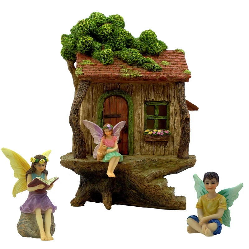 PRETMANNS Fairy House Kit - Fairy Garden Accessories for Outdoor Miniature Village Decor, with Three Fairies - House, 20 cm High & Treehouse Door can Open Wide - 4 Piece Supplies