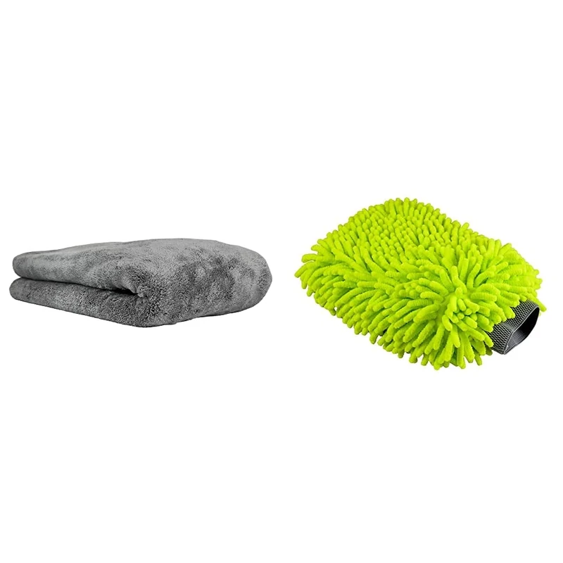 Chemical Guys MIC_1995 'Woolly Mammoth' Microfiber Dryer Towel, Gray 25" x 36" & (Mic_493) Chenille Microfiber Premium Scratch Free Wash Mitt
