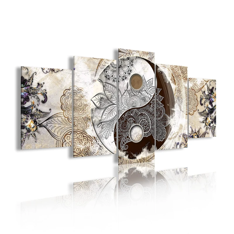 DekoArte 473 Modern Canvas Picture on 5 Pieces XXL Ethnic Yin and Yang 200 x 100 cm