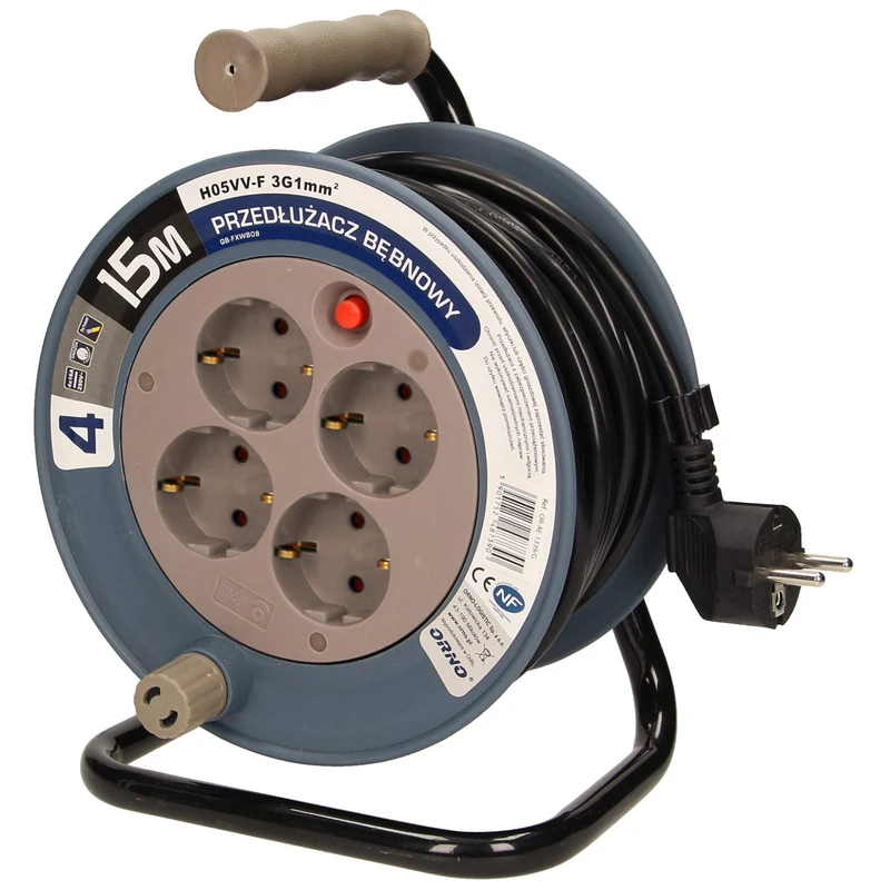 Orno AE-1339 Mini Cable Reel 15 m with 4 Sockets, Metal Stand and Thermal Protection, 2300 W / 10 A, 230 V, 50 Hz, 18 x 24.5 x 14 cm (Grey)