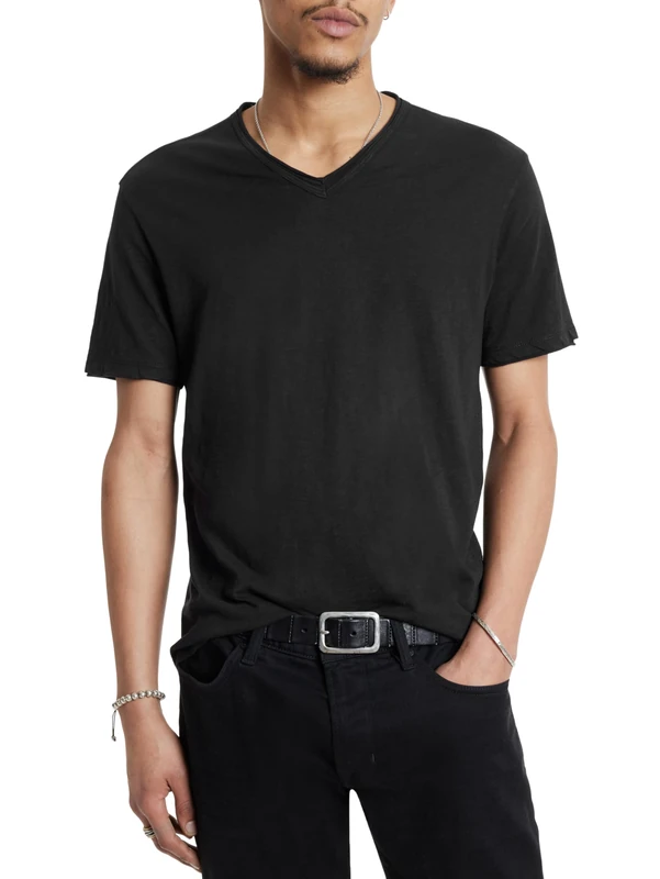 John Varvatos Men's Short Sleeve SLUB V-Neck with Cut RAW Edge T-Shirt, Black, XS - Image 1