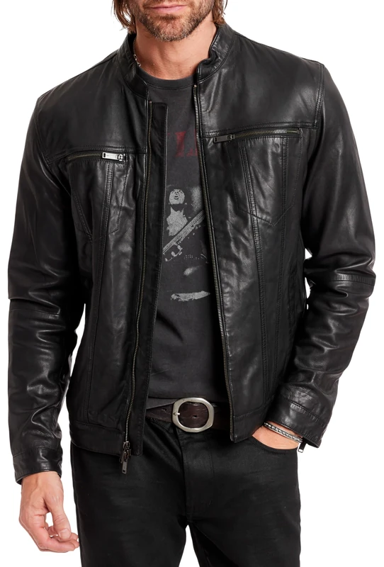 John Varvatos Men's Band Collar Leather Jacket, Black, S - Image 1