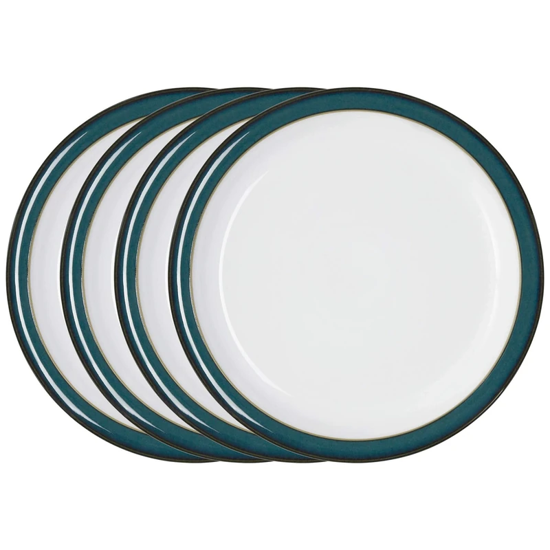 Denby - Greenwich Dinner Plates Set of 4 - Dishwasher Microwave Safe Crockery 26.5cm - Glazed Green, White Ceramic Stoneware Tableware - Chip & Crack Resistant