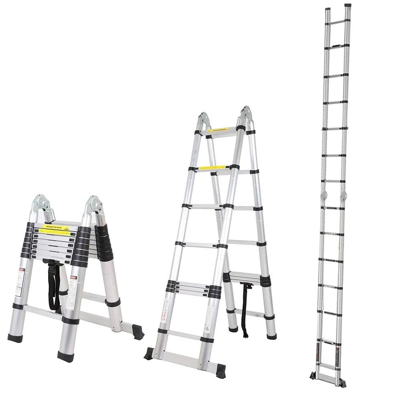 5 m Telescopic Ladder, Aluminium Ladder, 2-in-1 Multifunctional Ladder, Folding Ladder, 150 kg Load Capacity (2.5 + 2.5 m, 16 Rungs)
