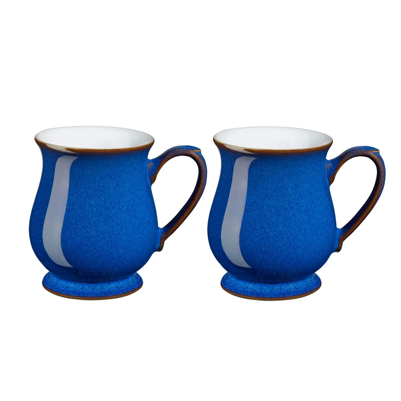 Denby - Imperial Blue Coffee Mug Set of 2 - 340ml Craftmans Curved Stoneware Ceramic Tea Mug Set For Home & Office - Dishwasher Safe, Microwave Safe - Blue, White, Brown - Chip Resistant