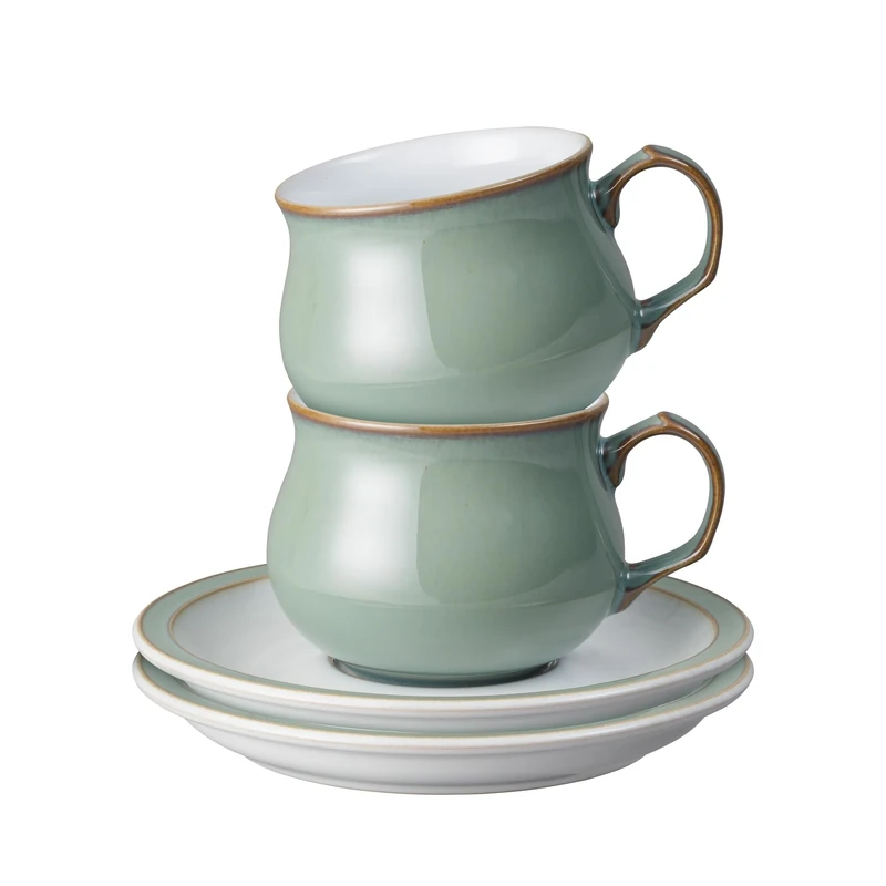 Denby - Regency Green Tea Cup and Saucer Set of 2 - 200ml Stoneware Ceramic Coffee Mug and Saucer Set - Tea Party Set - Dishwasher Safe, Microwave Safe - Green, White - Chip Resistant