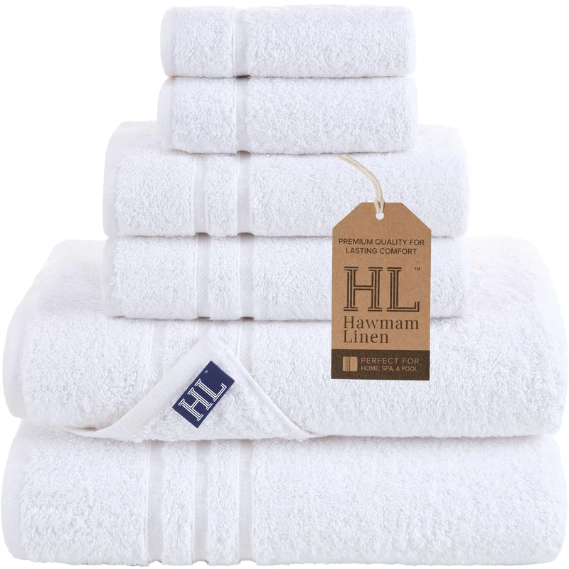 Hammam Linen White Bath Towels Set 6-Piece Original Turkish Cotton Soft, Absorbent and Premium Towel for Bathroom and Kitchen 2 Bath Towels, 2 Hand Towels, 2 Washcloths