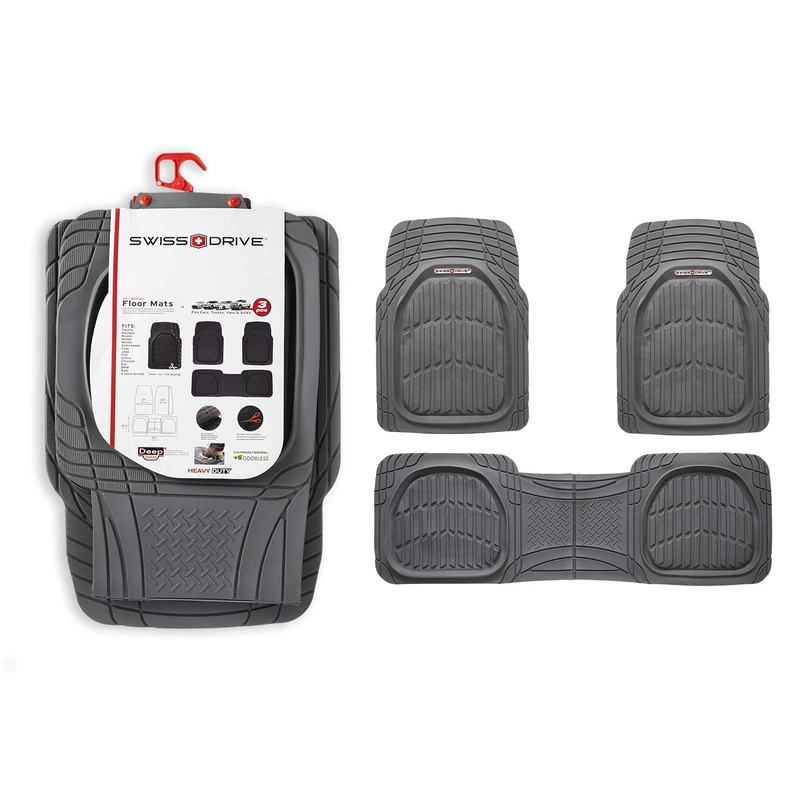 Sumex SAND600 Universal 3 Piece Grey Front & Rear Rubber Floor Mats Non Slip Cut To Size With Bridge