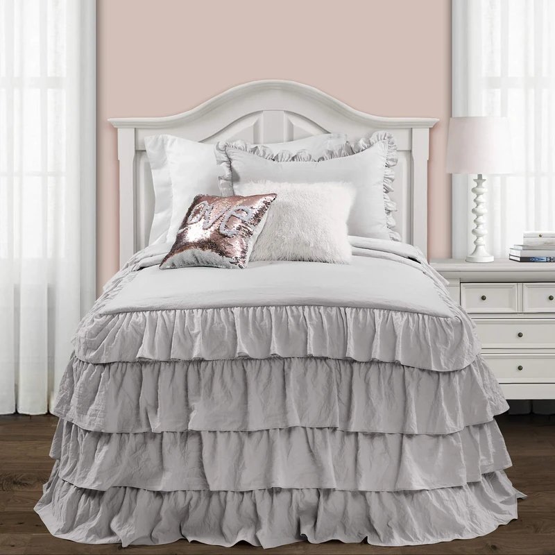 Lush Decor Allison Ruffle Skirt Bedspread Light Gray Shabby Chic Farmhouse Style Lightweight 2 Piece Set Twin XL, Polyester