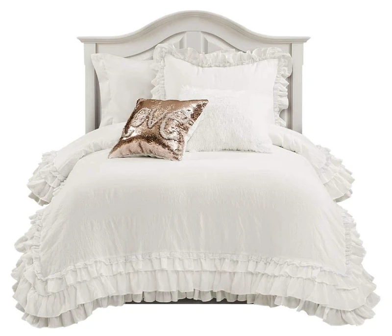 Lush Decor Ella Shabby Chic Ruffle Lace 2 Piece Comforter Set, Twin-XL, White, Polyester Blend