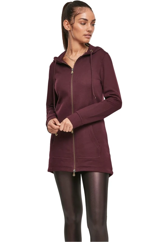 URBAN CLASSICS Women's Long Hoodie Parka, Long Jumper with Drawstring Zip, Long Sleeves Jumper with Large Pockets & Elasticated Cuffs, Long Cardigan with Hoodie, Colour: Redwine, Size: Large