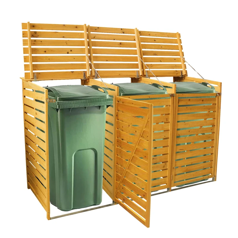 Triple Lockable Wooden Wheelie Bin with Brown Hinged Lid