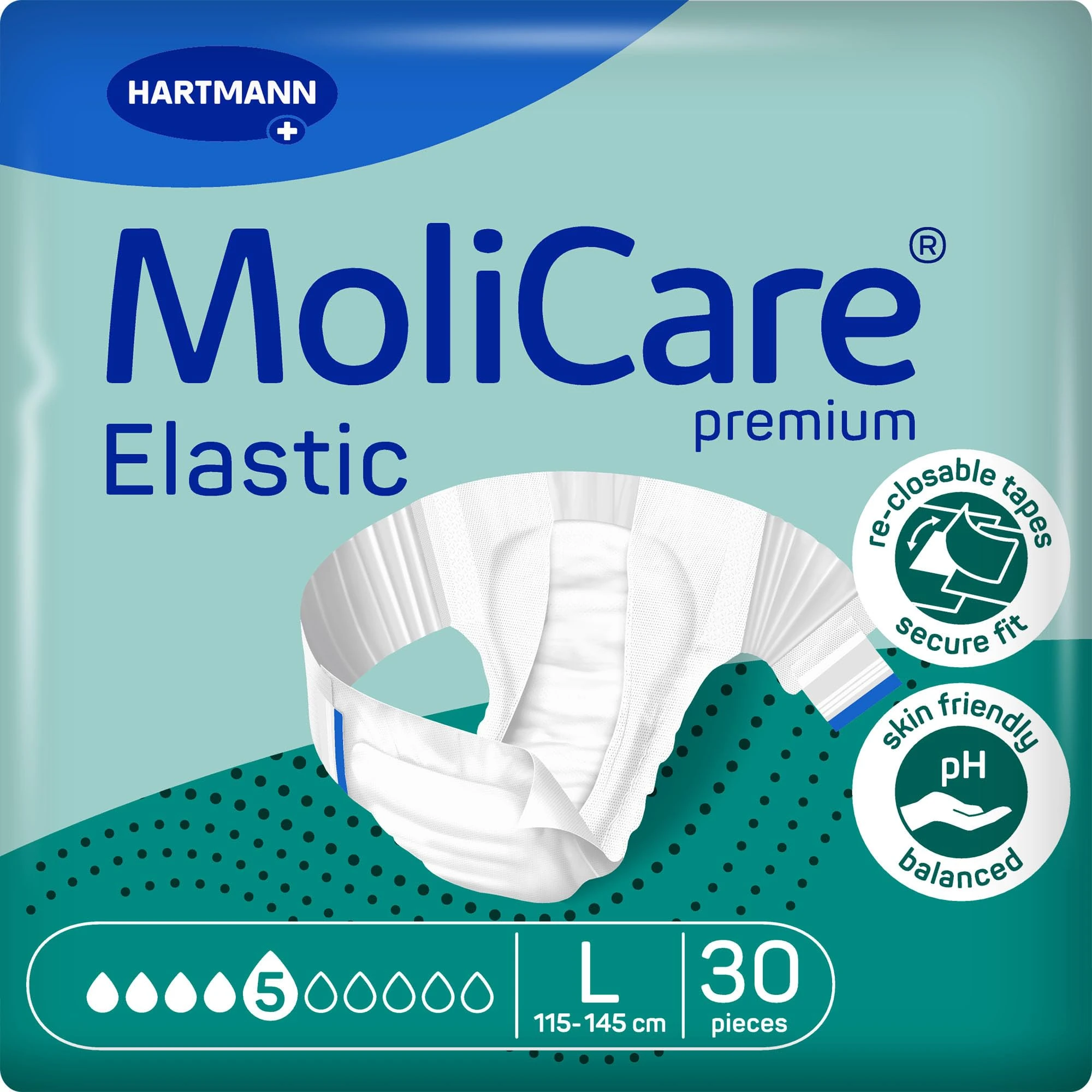MoliCare Premium Elastic Adult Nappies - 5 Drops | High-Absorbency Disposable Nappy for Men and Women with Severe Incontinence | Size L | Pack of 30