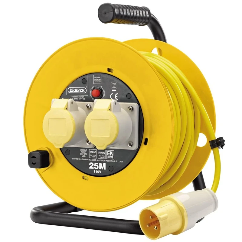 Draper 110V Twin Extension Cable Reel, 25m, 02124