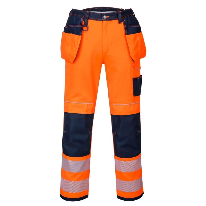 Portwest T501 Mens PW3 Hi Vis Work Trousers - Holster Pocket Workwear Safety Construction Trousers Orange/Navy Short, 40