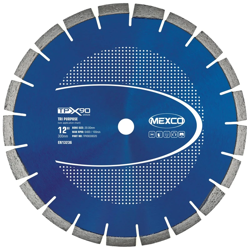 Mexco TPX90 Tri-Purpose Diamond Blade, Superior Multi-Material Cutting Disc for Concrete, Asphalt, Slate, Brick - 300mm, 12mm Segment Height