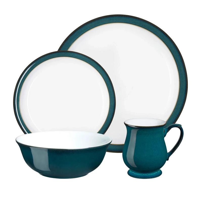 Denby - Greenwich Dinner Set For 1 - 4 Piece Ceramic Tableware Plates & Bowls Set Green, White - Dishwasher Safe Crockery Single Place Setting - 1 x Dinner Plate, Small Plate, Cereal Bowl & Coffee Mug