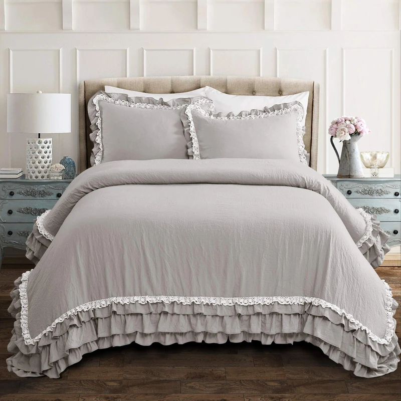 Lush Decor Ella Vintage Chic Ruffle Lace 3 Piece Comforter Set, Full/Queen, Light Gray, Polyester Blend