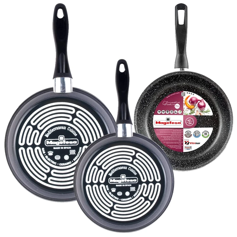 MAGEFESA K2 Gransasso Set of 3 Frying Pans 20/26/28 cm Vitrified Steel Exterior Grey Non-Stick Double Layer Stone Effect Suitable for All Hobs Special Induction 50% Energy Saving