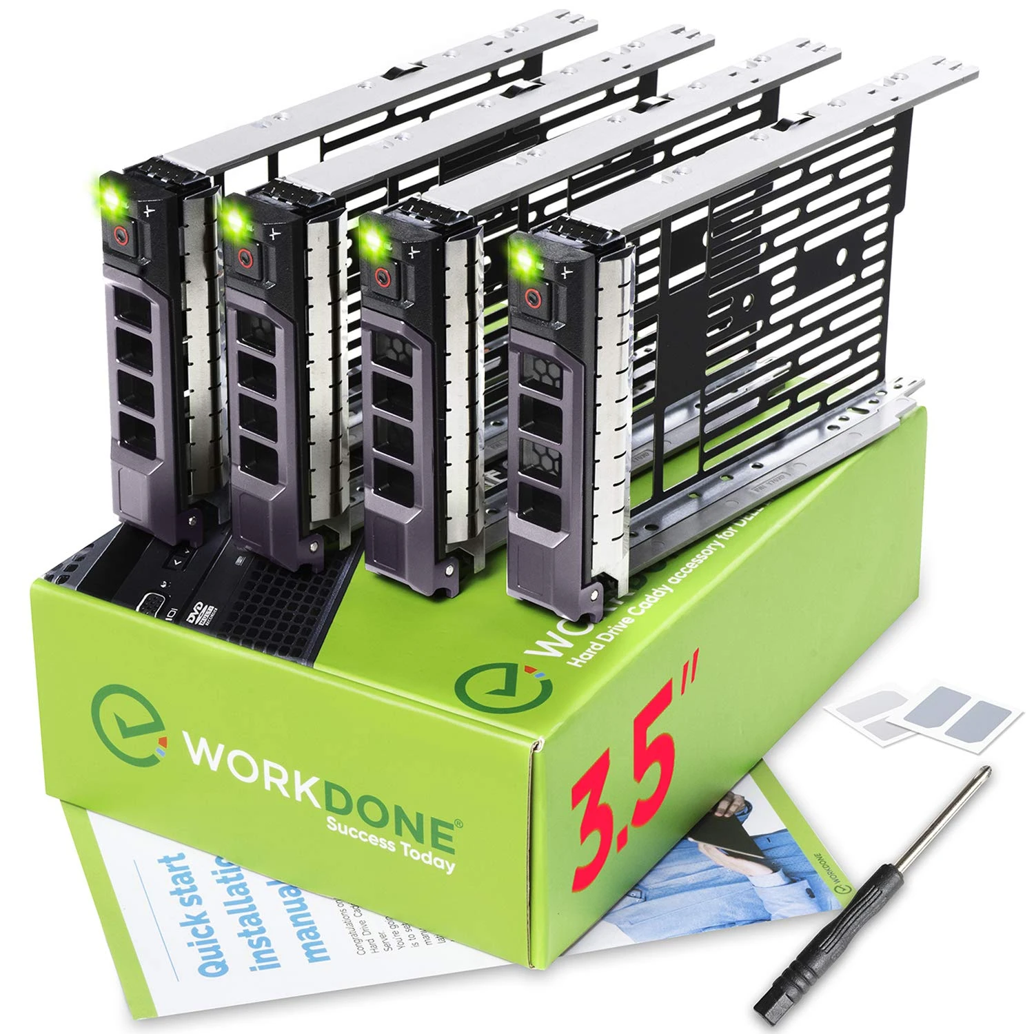 WORKDONE 4-Pack - 3.5 inch Hard Drive Caddy - Compatible for Dell PowerEdge Servers - with Detailed Installation Manual - Sled Front Sticker Labels - Screwdriver- Added HDD Tray Screws