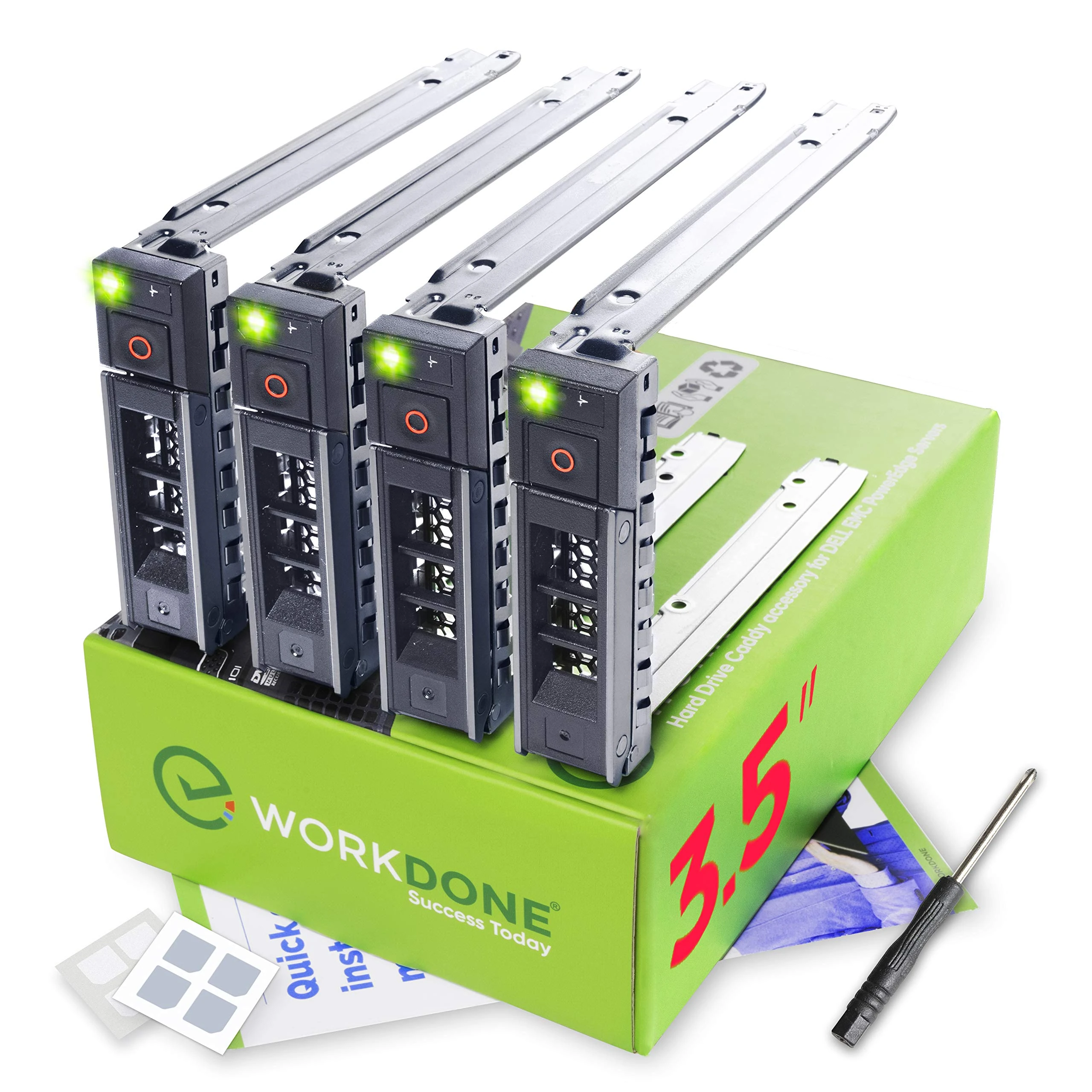 WORKDONE 4-Pack - 3.5 inch Hard Drive Caddy - Compatible for Dell PowerEdge Servers - with Detailed Installation Manual - Sled Front Sticker Labels - Screwdriver- Added HDD Tray Screws