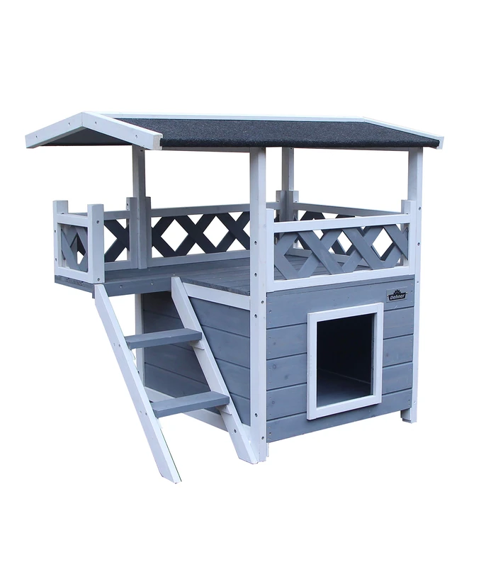 Dehner Chalet 4318259 Cat House 2 Levels Approx. 78 x 55 x 73 cm Fir Wood/Bitumen Dark Grey/White 13000 g - Image 1
