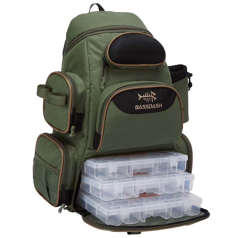 Bassdash Green Backpack Fishing Tackle Backpack with 3 Trays, Water Resistant, Lightweight, Tactical, Soft Tackle Box, Rod Holder, Protective Rain Cover