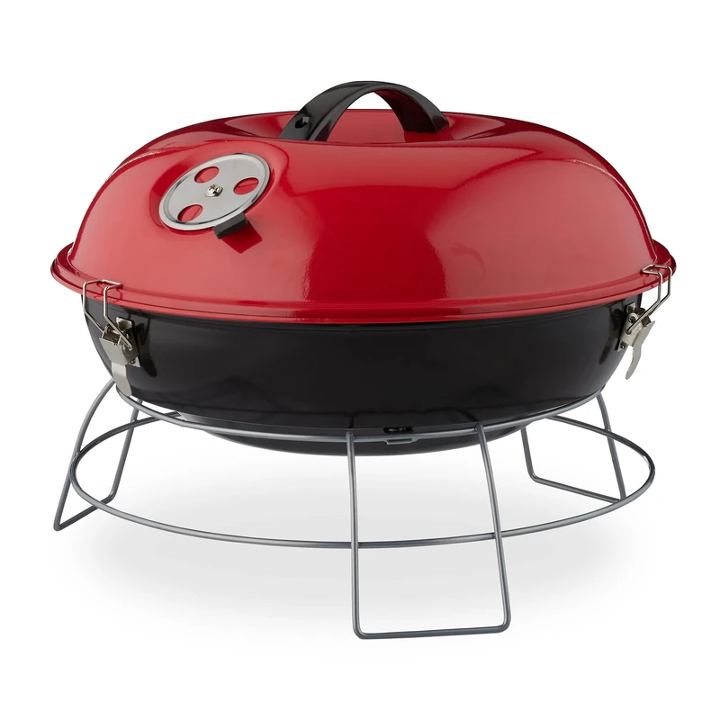 Relaxdays Portable Kettle Grill, With Lid, Picnic BBQ with Large Cooking Area, Charcoal, Ø36cm, Red