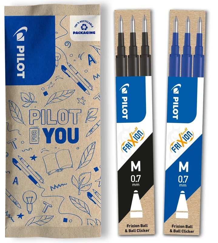 PILOT - Pack of 2 sets of 3 Refills 0,7 - Erasable ink for Frixion - Medium - Assorted Colors, 1 Black, 1 Blue
