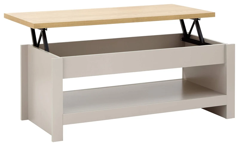 GFW The Furniture Warehouse Lancaster Cream or Grey Lift Up Storage Coffee Table with Shelf & Oak Colour Top (Grey)
