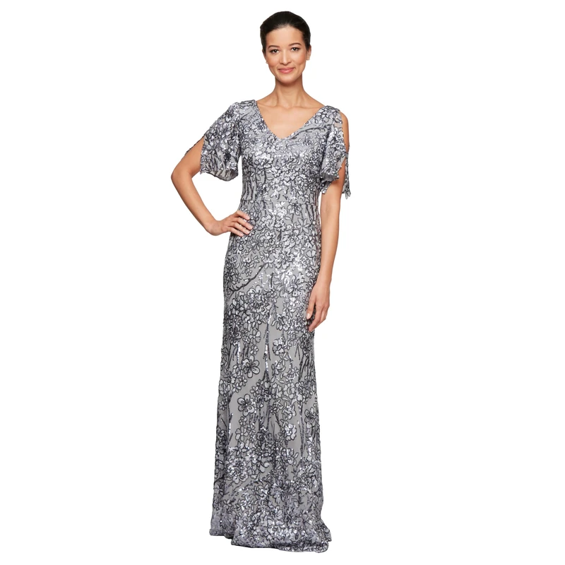 Alex Evenings Women's Long Mother of The Bride Sequin Dress with Cold Shoulder Flutter Sleeves (Petite and Regular Sizes) Formal Night, Silver, 24
