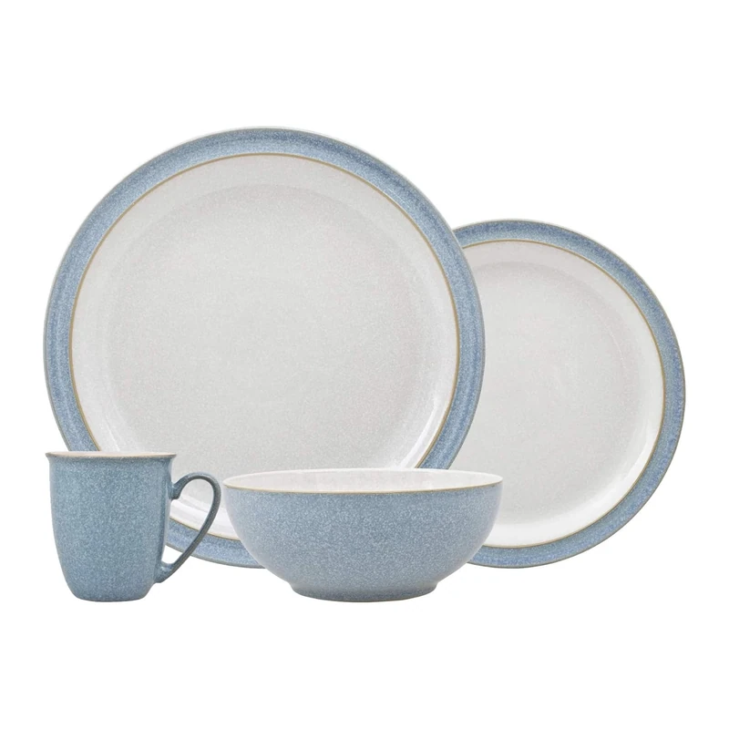 Denby - Elements Blue Dinner Set For 1 - 4 Piece Ceramic Tableware - Dishwasher Microwave Safe Crockery Set Single Place Setting - 1 x Dinner Plate, 1 x Small Plate, 1 x Cereal Bowl, 1 x Coffee Mug