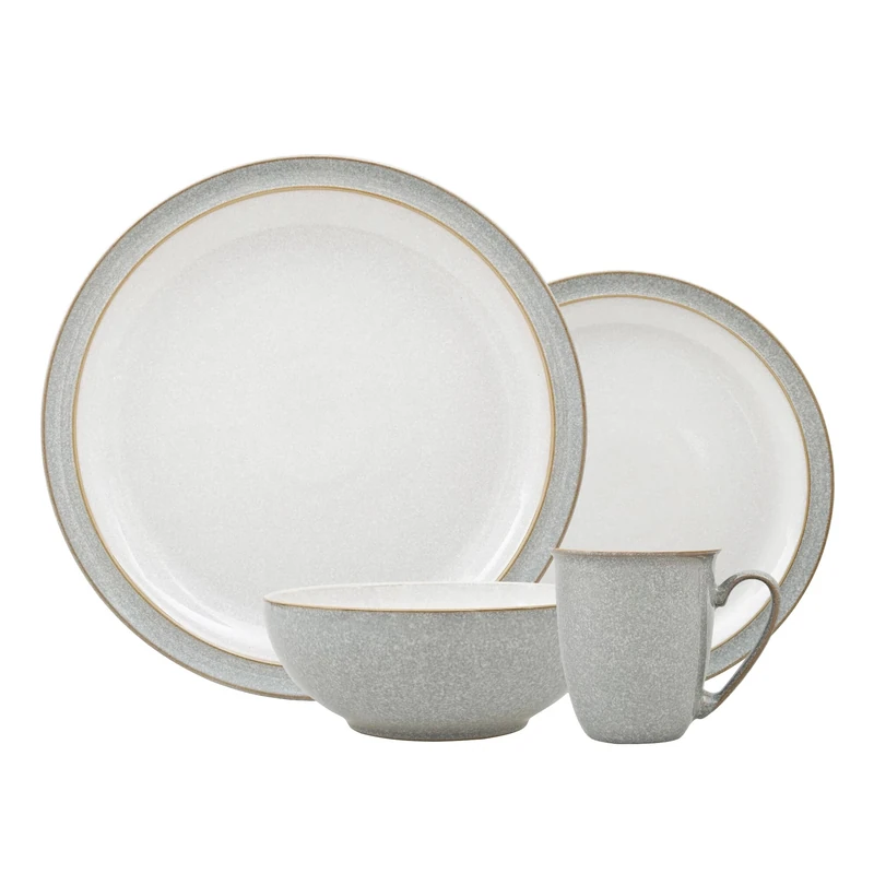 Denby - Elements Light Grey Dinner Set For 1 - 4 Piece Ceramic Tableware - Dishwasher Microwave Safe Crockery Single Place Setting - 1 x Dinner Plate, 1 x Small Plate, 1 x Cereal Bowl, 1 x Coffee Mug