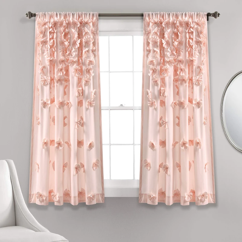 Lush Decor Riley Window Curtain Panel - Charming Handmade Bow Details - Elegant Light Filtering Single Curtain for Living Room, Dining Room, or Bedroom - 54" W x 63" L, Blush