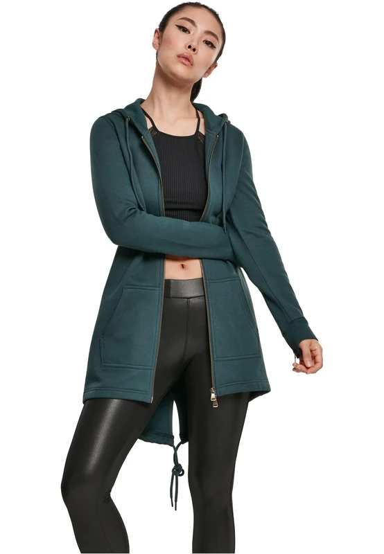 URBAN CLASSICS Women's Long Hoodie Parka, Long Jumper with Drawstring Zip, Long Sleeves Jumper with Large Pockets & Elasticated Cuffs, Long Cardigan with Hoodie, Colour: Bottlegreen, Size: Large